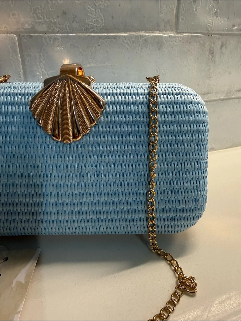 Tommy Bahama Sky Blue Woven Clutch with Gold Shell Clasp